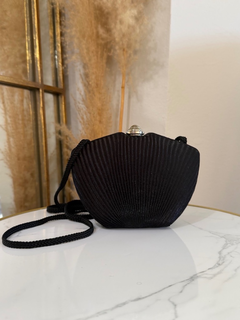 La Regale Black Pleated Satin Evening Structure Mini Bag Vintage Purse Handbag